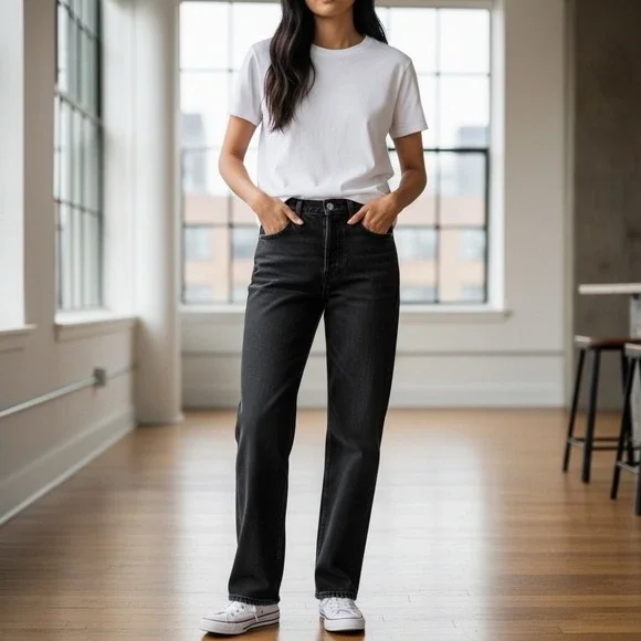 Goldsign‎ High Rise Straight Button Fly Jeans Tag 29" True 32" Black Orig $375 - Picture 2 of 15